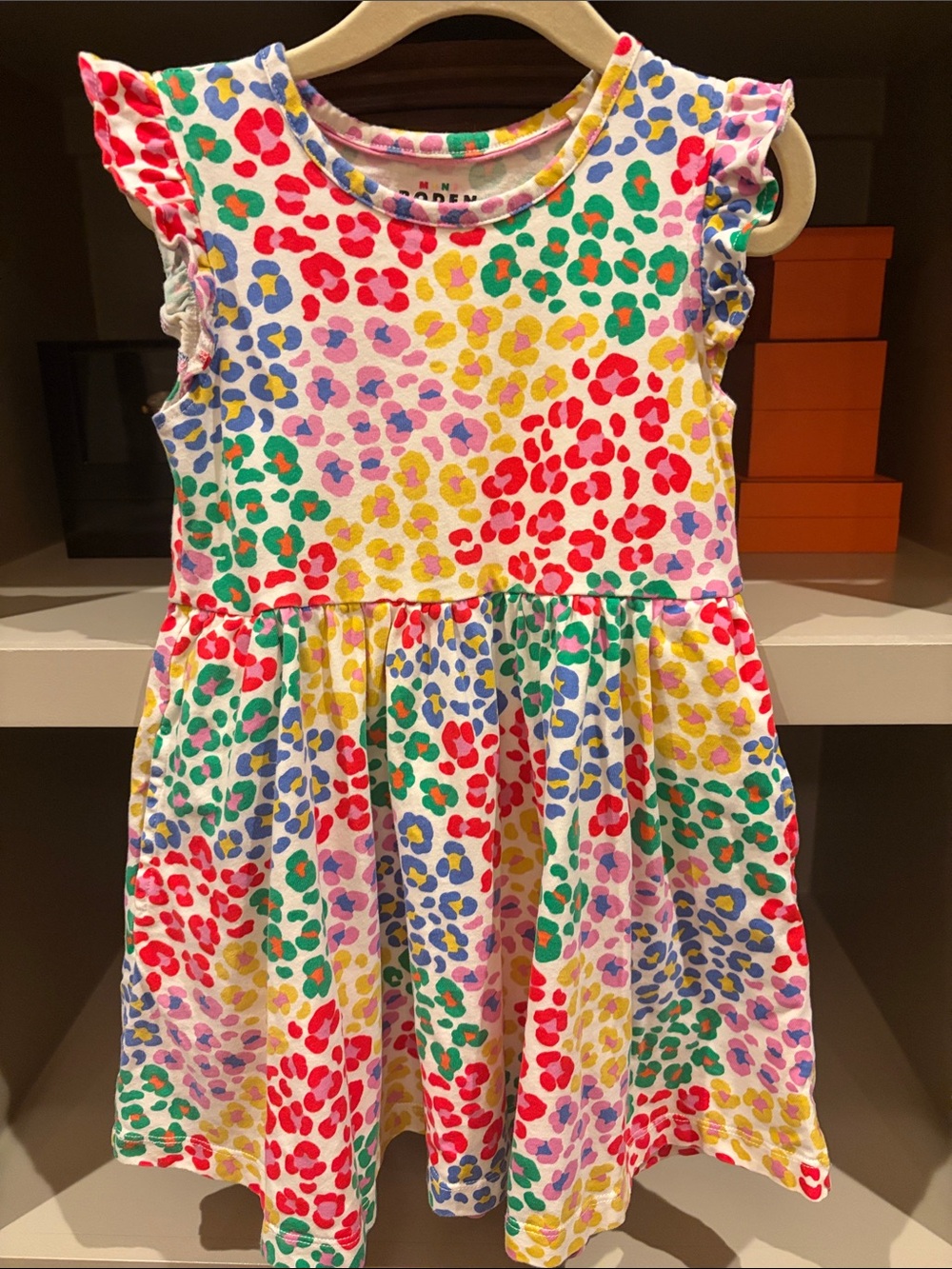 Girls' Mini Boden Multicolor Leopard Print Flutter Sleeve Dress 4-5